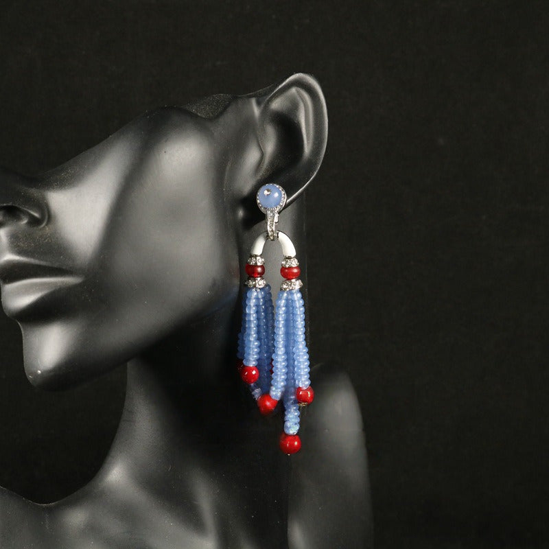 Vintage Blue Beaded Enamel Tassel Earrings