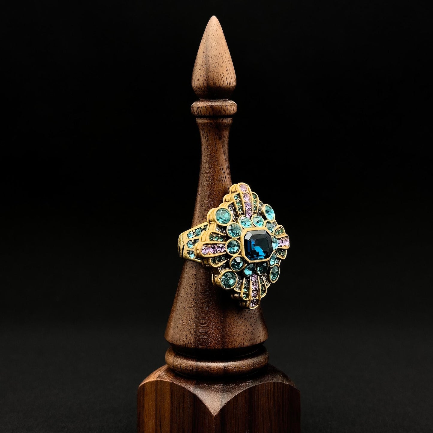 Vintage Art Deco Blue Zircon Square Flower Open Ring
