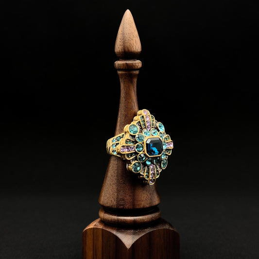 Vintage Art Deco Blue Zircon Square Flower Open Ring