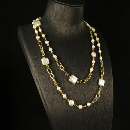 Vintage White Pearl Long Earrings & Necklace Set