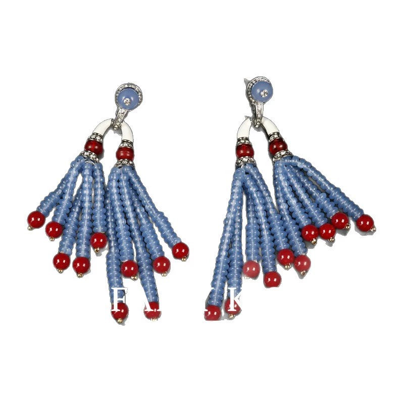 Vintage Blue Beaded Enamel Tassel Earrings