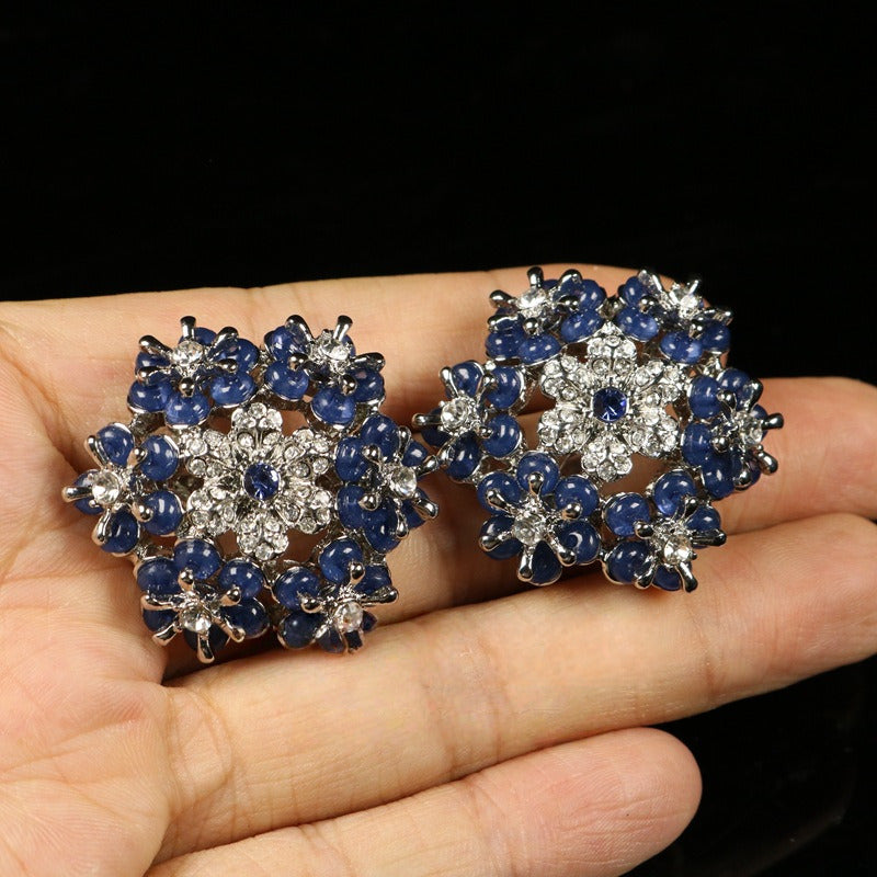 Vintage Snowflake Flower Blue Crystal Stud Earrings