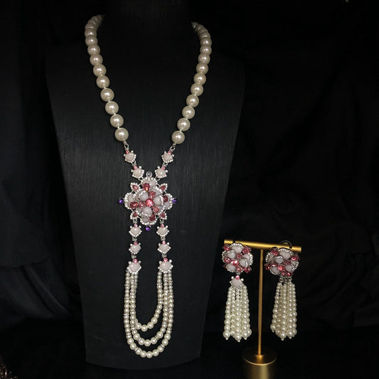 Vintage Glass Pearl Double-Layer Flower Necklace & Earrings Set
