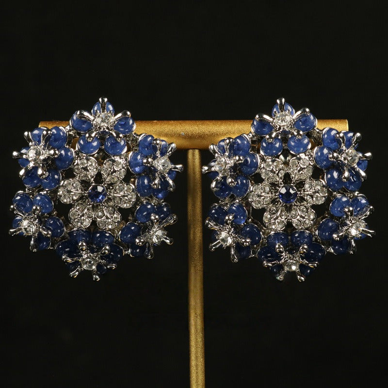 Vintage Snowflake Flower Blue Crystal Stud Earrings