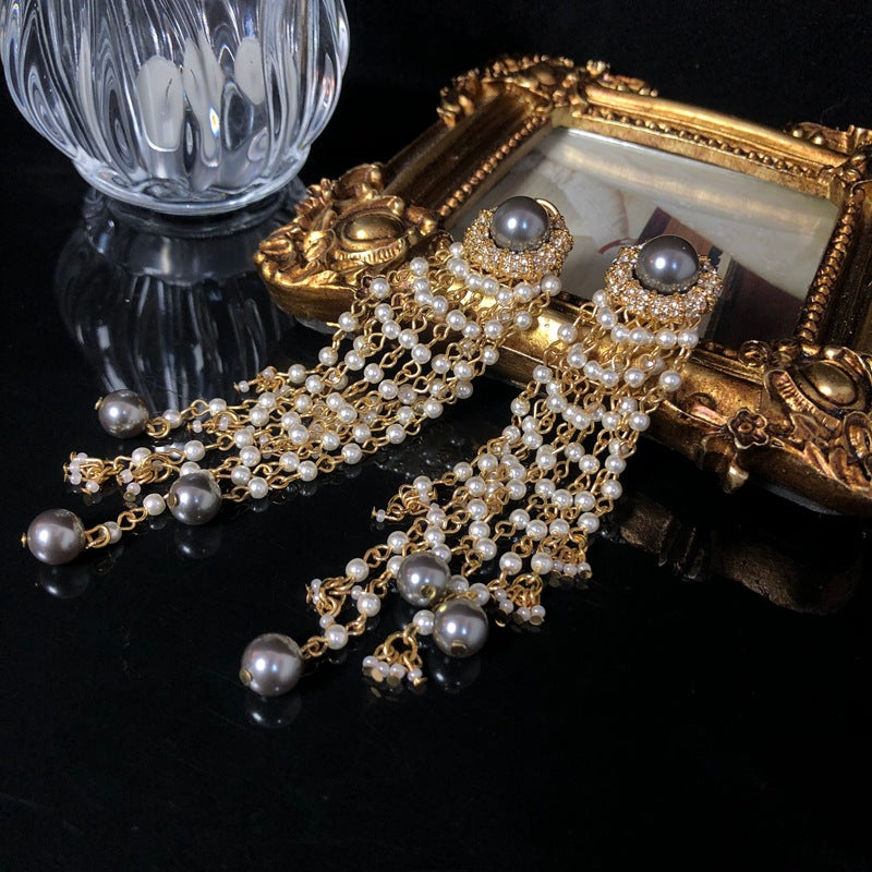 Vintage European-Style Pearl Tassel Long Earrings