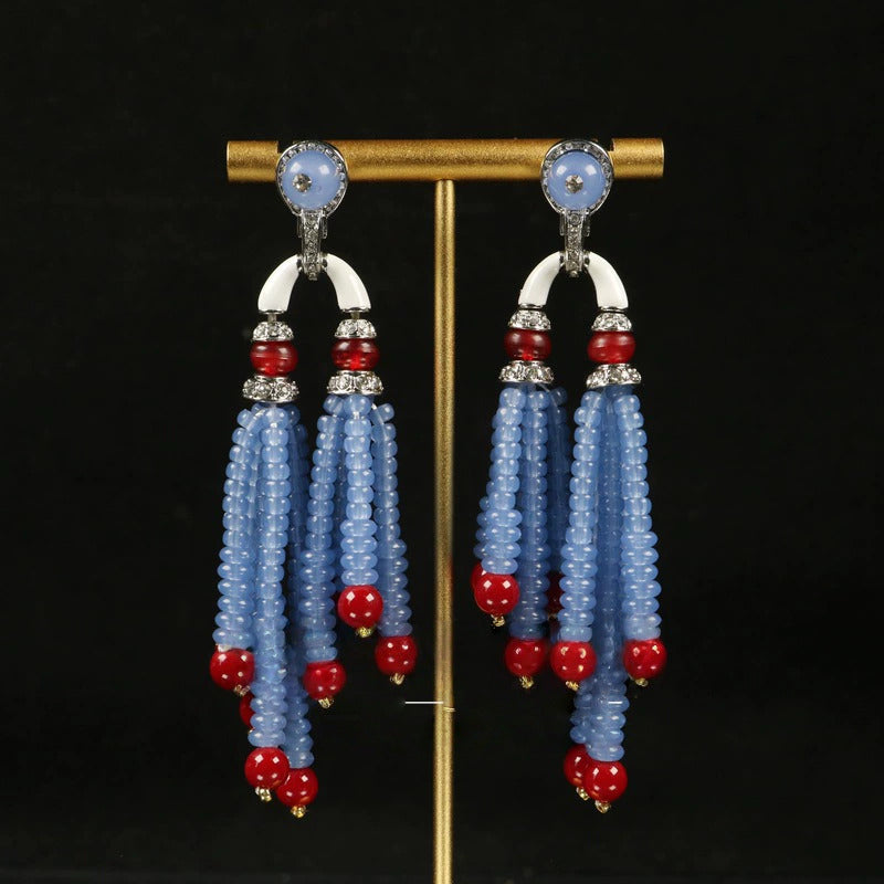 Vintage Blue Beaded Enamel Tassel Earrings