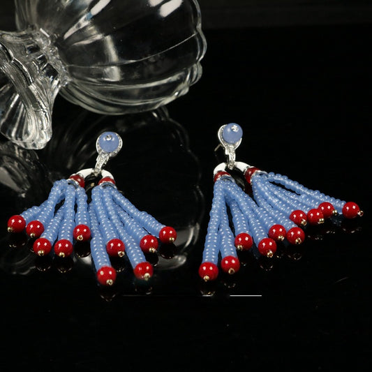 Vintage Blue Beaded Enamel Tassel Earrings