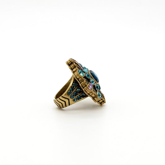 Vintage Art Deco Blue Zircon Square Flower Open Ring