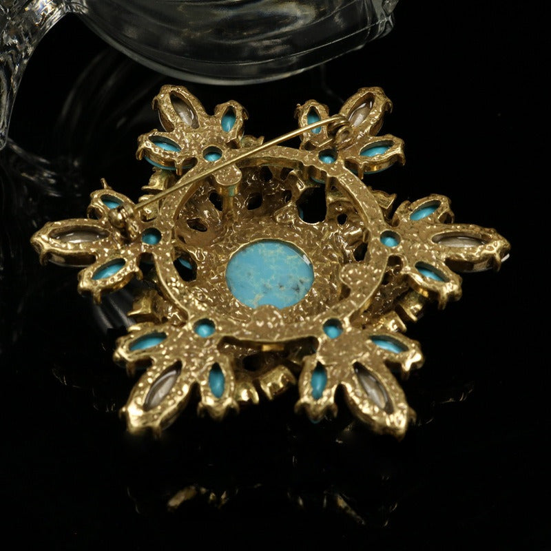Turquoise Glass Flower Brooch & Earrings Necklace Set
