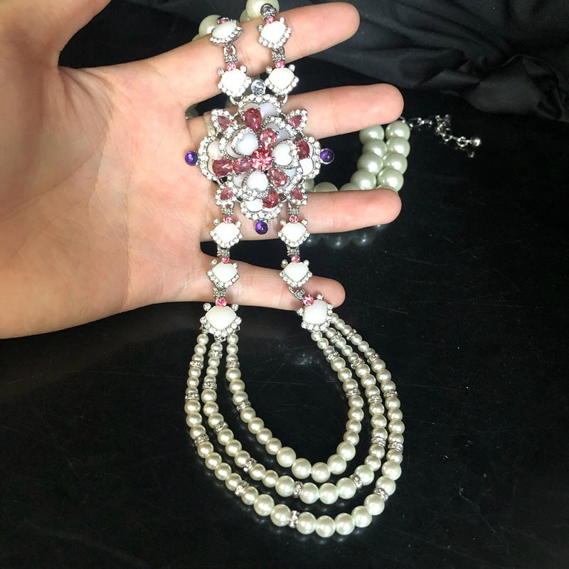 Vintage Glass Pearl Double-Layer Flower Necklace & Earrings Set