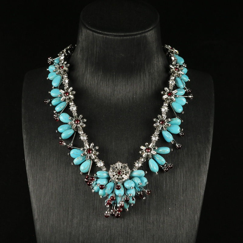 Turquoise Glass Flower Brooch & Earrings Necklace Set