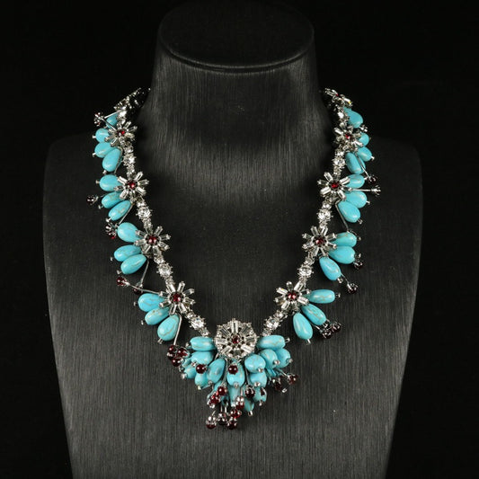 Turquoise Glass Flower Brooch & Earrings Necklace Set