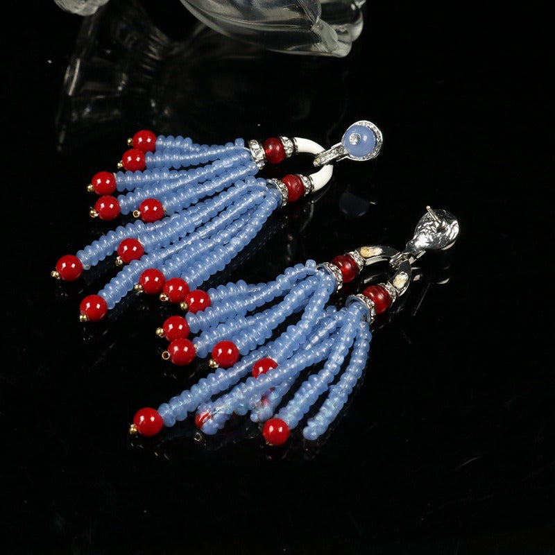 Vintage Blue Beaded Enamel Tassel Earrings