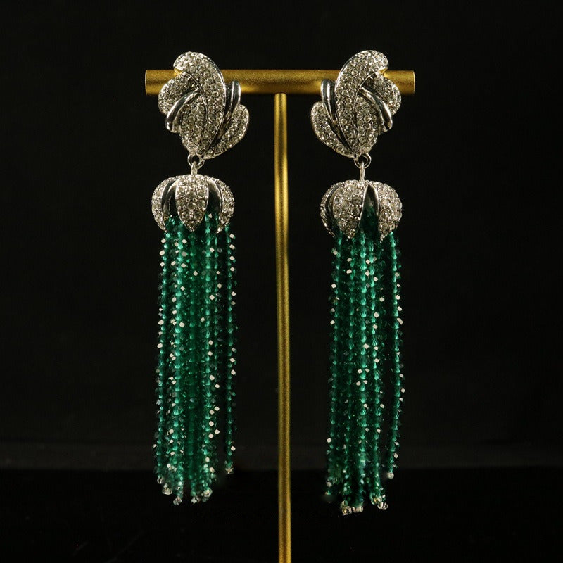 Green Beaded Rhinestone Long Earrings