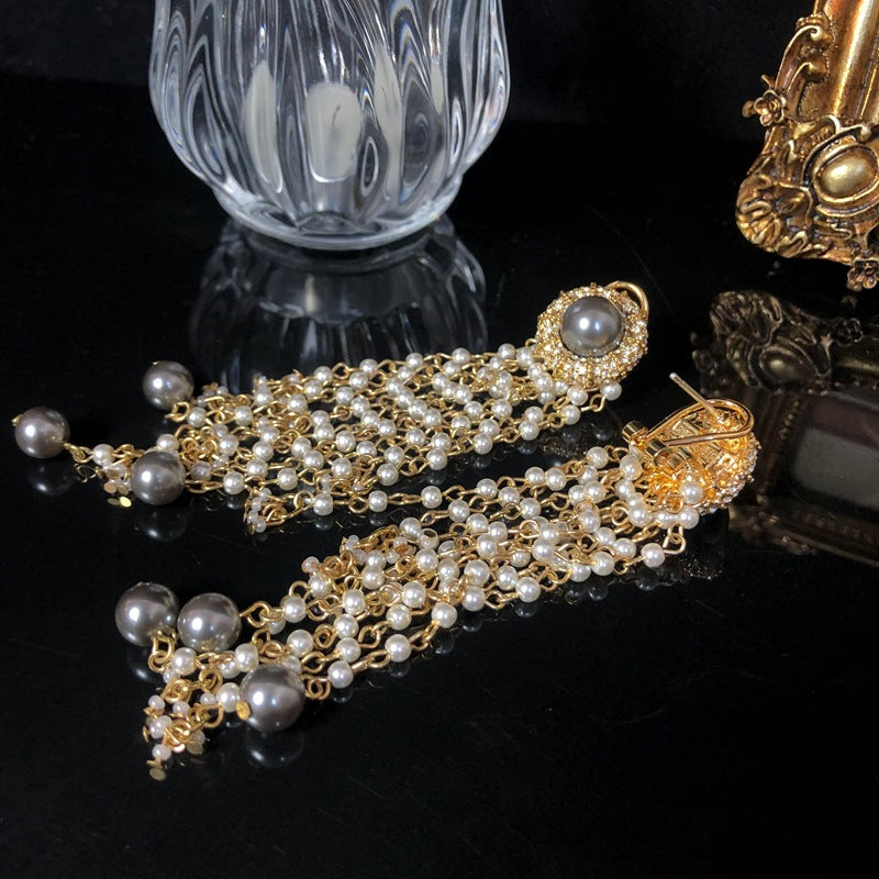 Vintage European-Style Pearl Tassel Long Earrings
