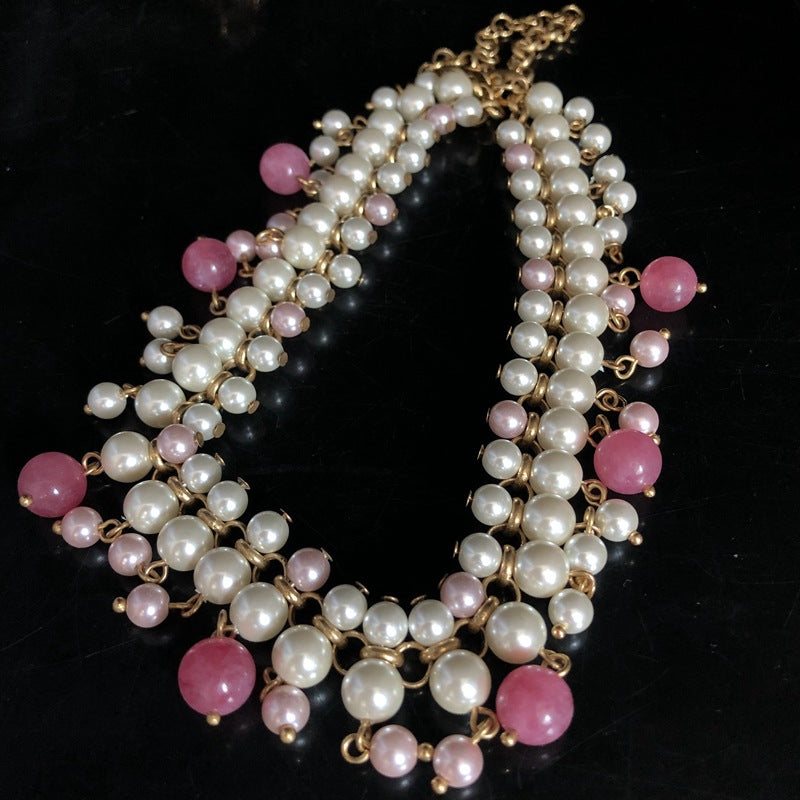 Vintage Multi-Layer Glass Pearl Tassel Necklace & Earrings Set