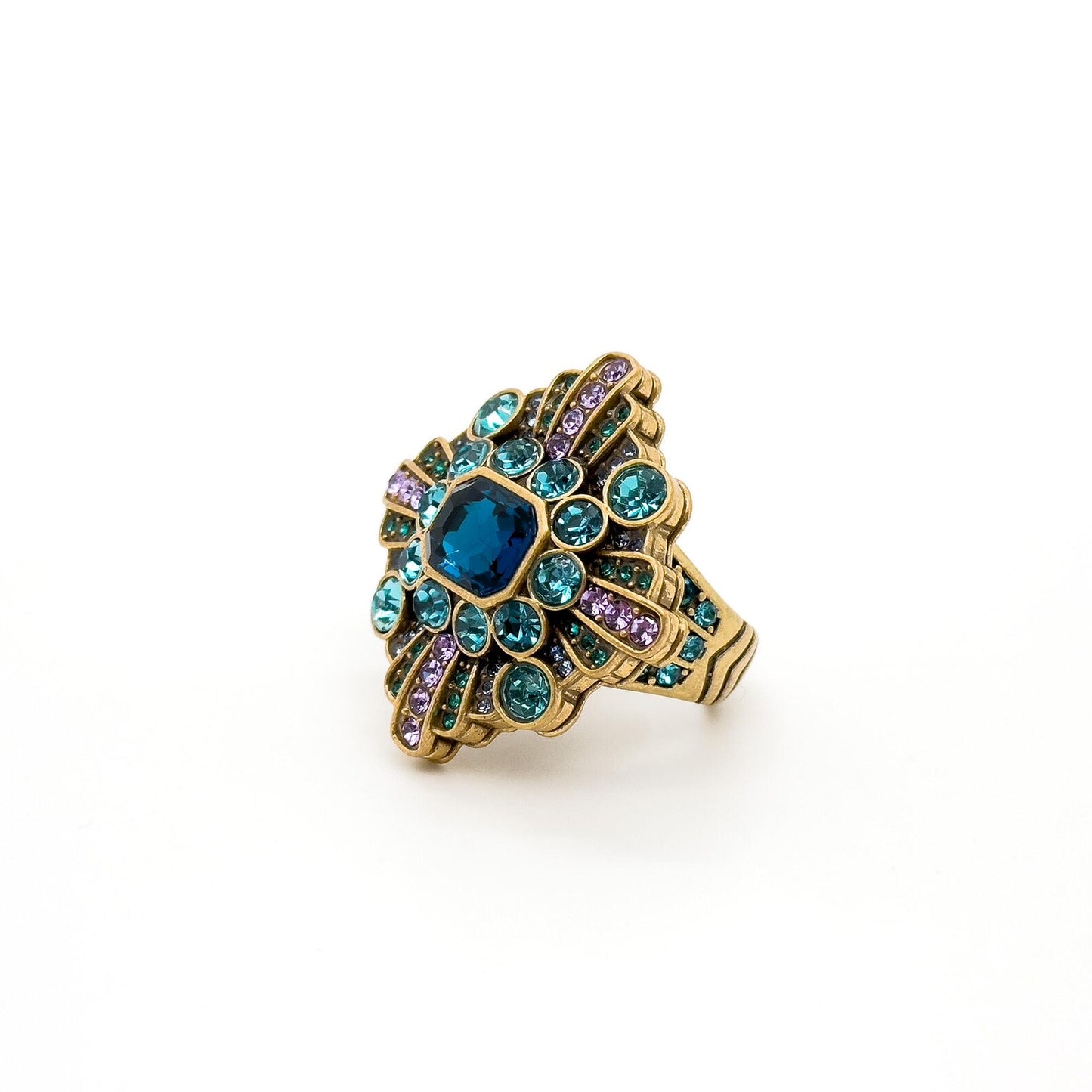 Vintage Art Deco Blue Zircon Square Flower Open Ring