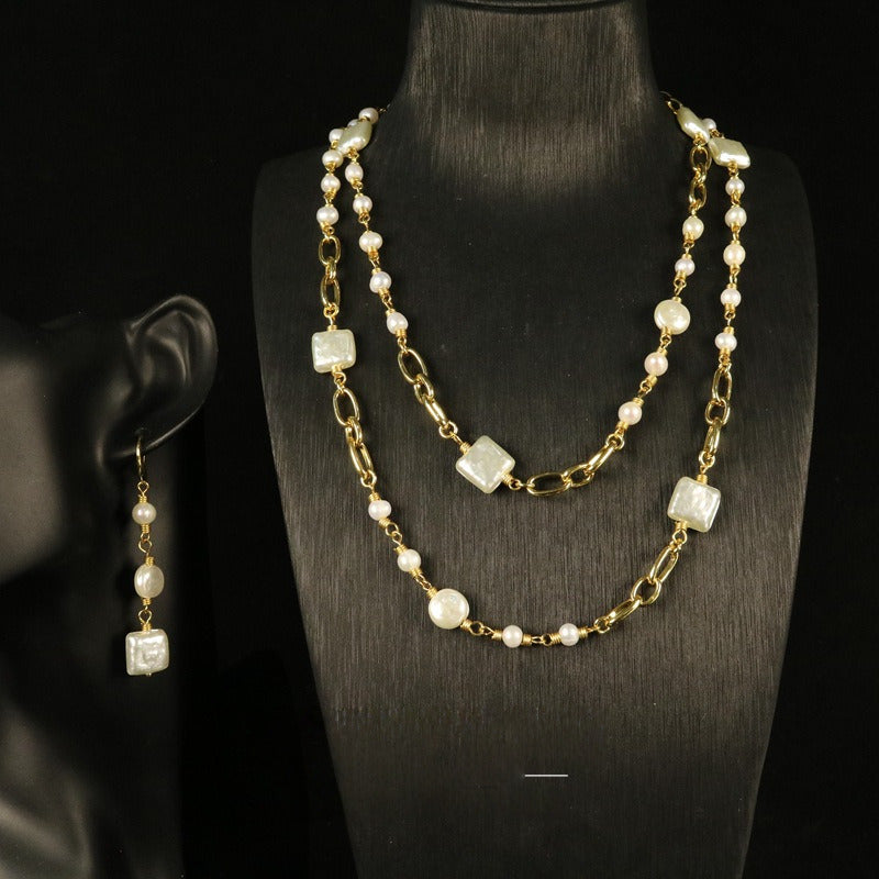 Vintage White Pearl Long Earrings & Necklace Set
