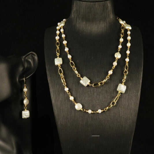 Vintage White Pearl Long Earrings & Necklace Set
