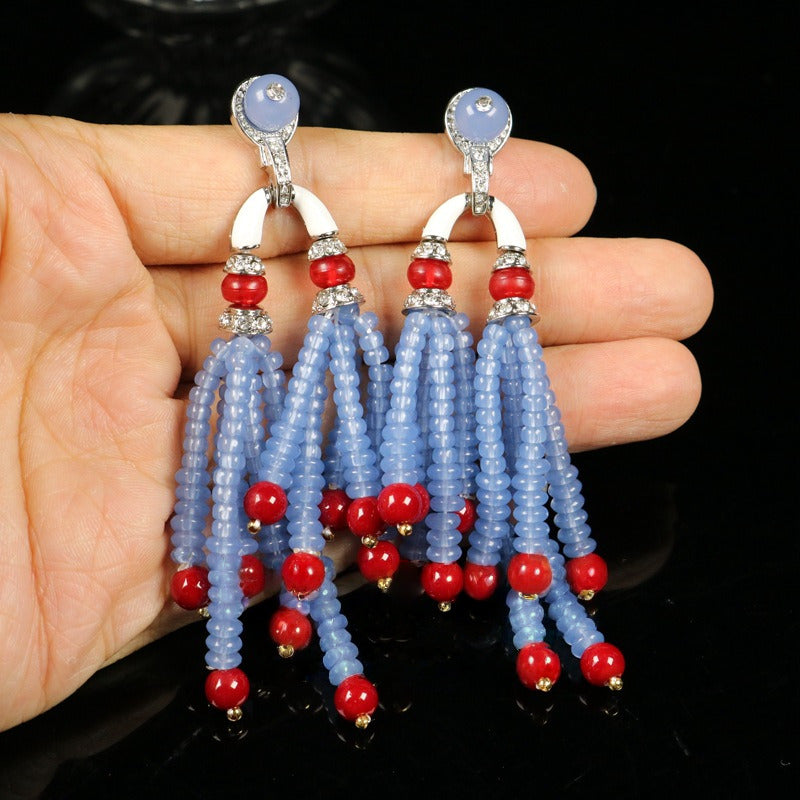 Vintage Blue Beaded Enamel Tassel Earrings