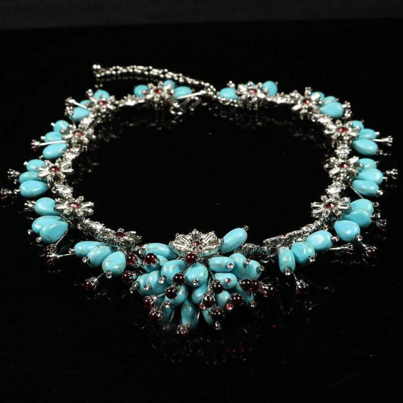 Turquoise Glass Flower Brooch & Earrings Necklace Set