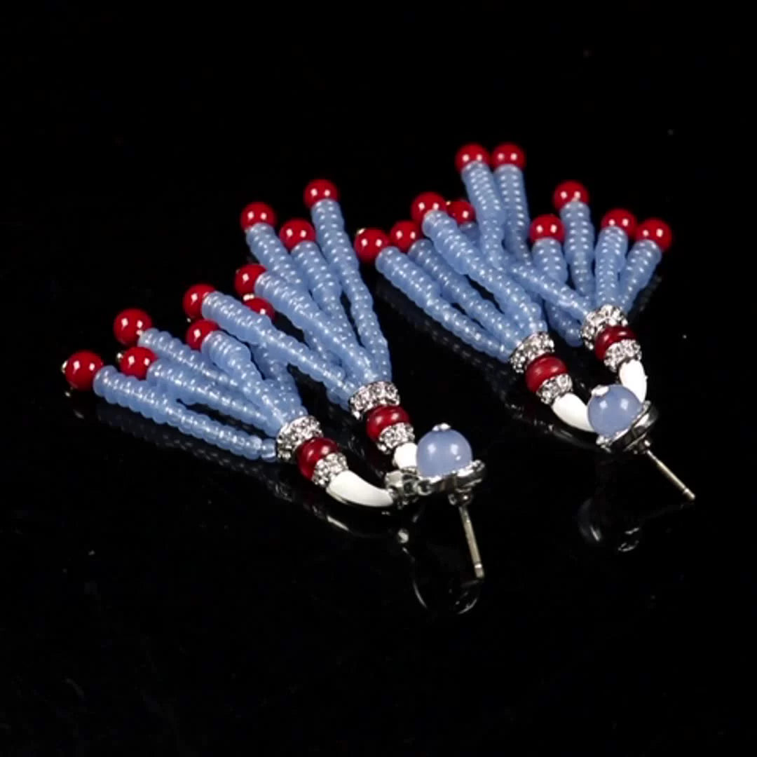 Vintage Blue Beaded Enamel Tassel Earrings