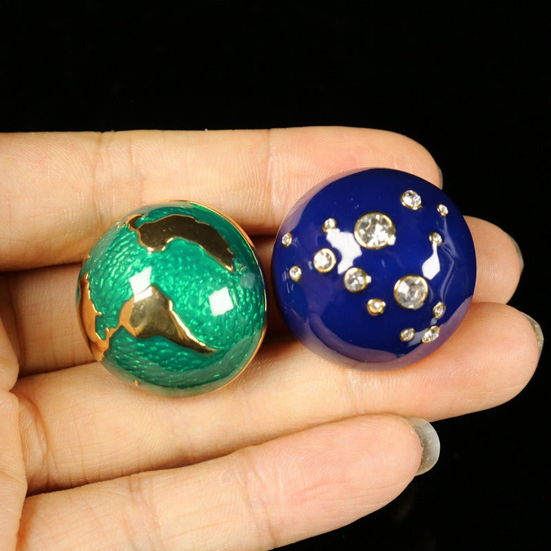 Vintage Hemispherical Enamel Earrings with CZ Stones