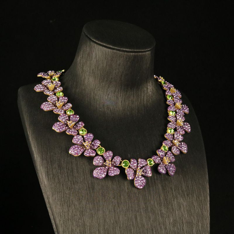 Vintage French Purple Flower Necklace & Stud Earrings