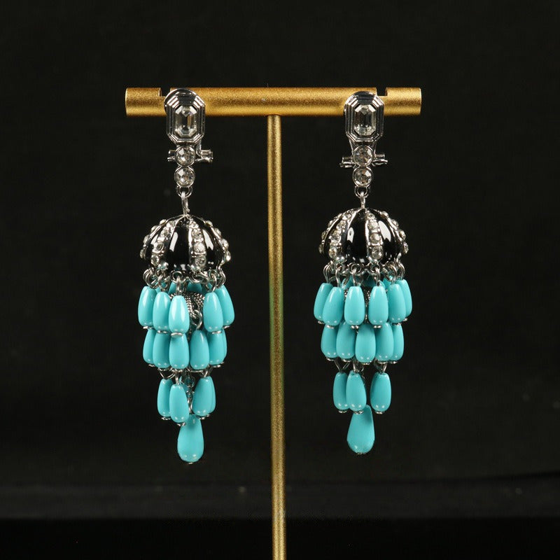 Turquoise Glass Flower Brooch & Earrings Necklace Set