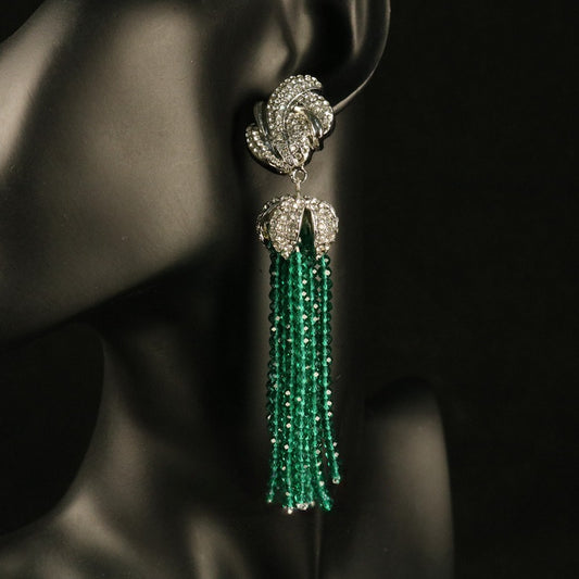 Green Beaded Rhinestone Long Earrings