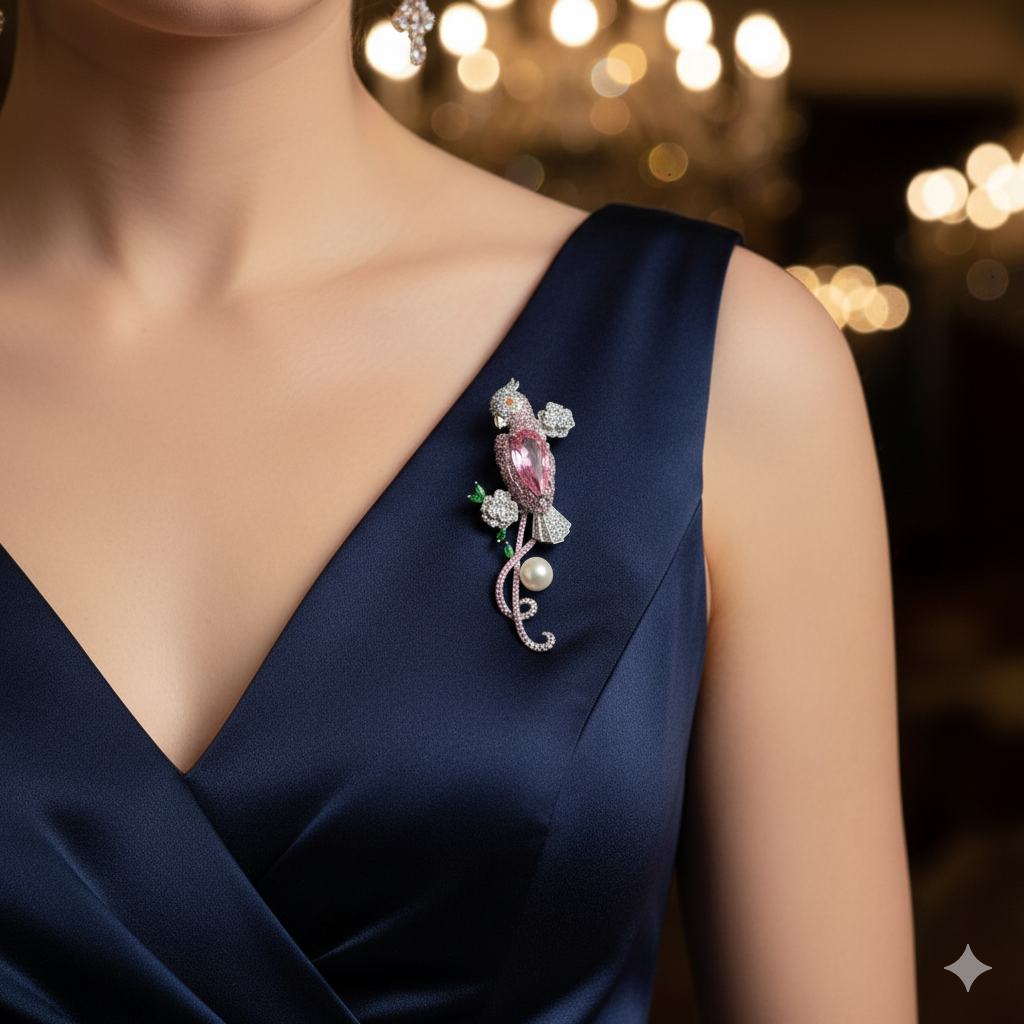 Rose Parrot Crystal Brooch