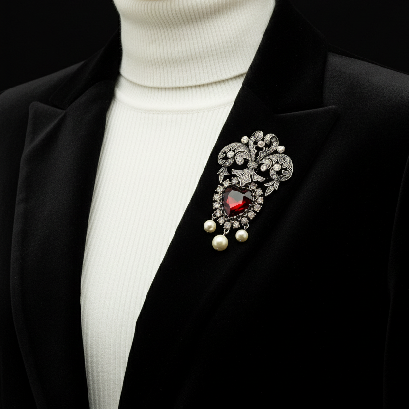 Retro Style Red Zircon Baroque Brooch