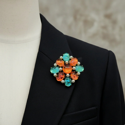 Lapis Lazuli Pearl  Geometric Enamel Brooch