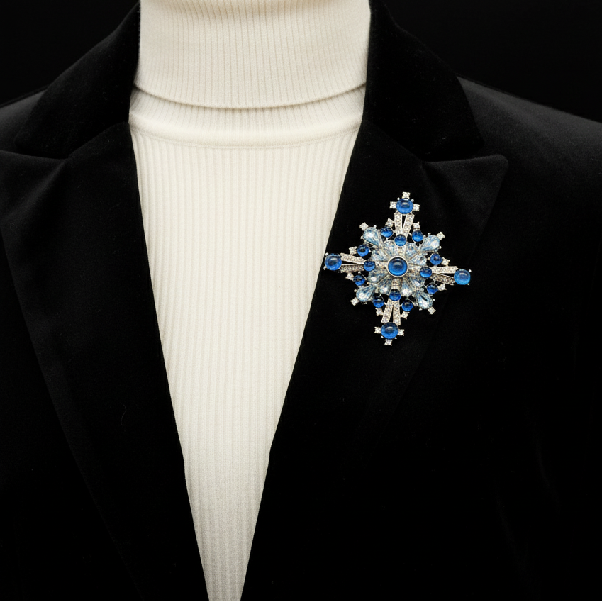 Blue Crystal Snowflake Cross Brooch