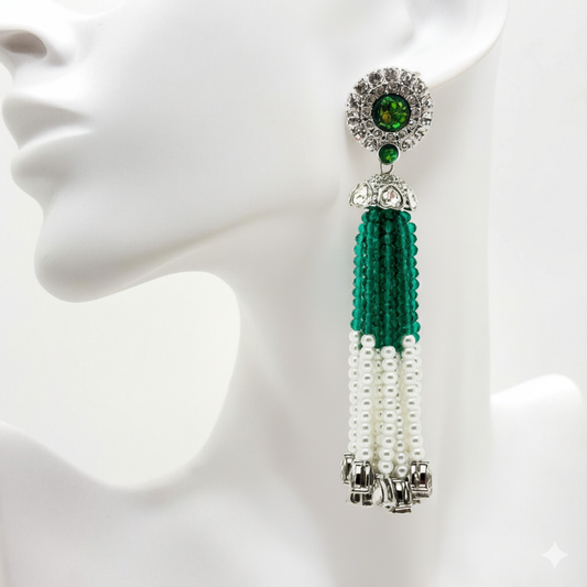 Emerald Beaded Tassel Earrings