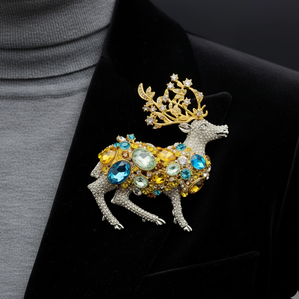 Art Deco Crystal Elk Brooch