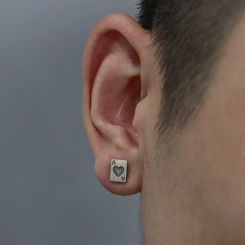 Two Leaves S925 Pure silver red heart A poker earrings are old personality hip -hop men's and women's tide street versatile