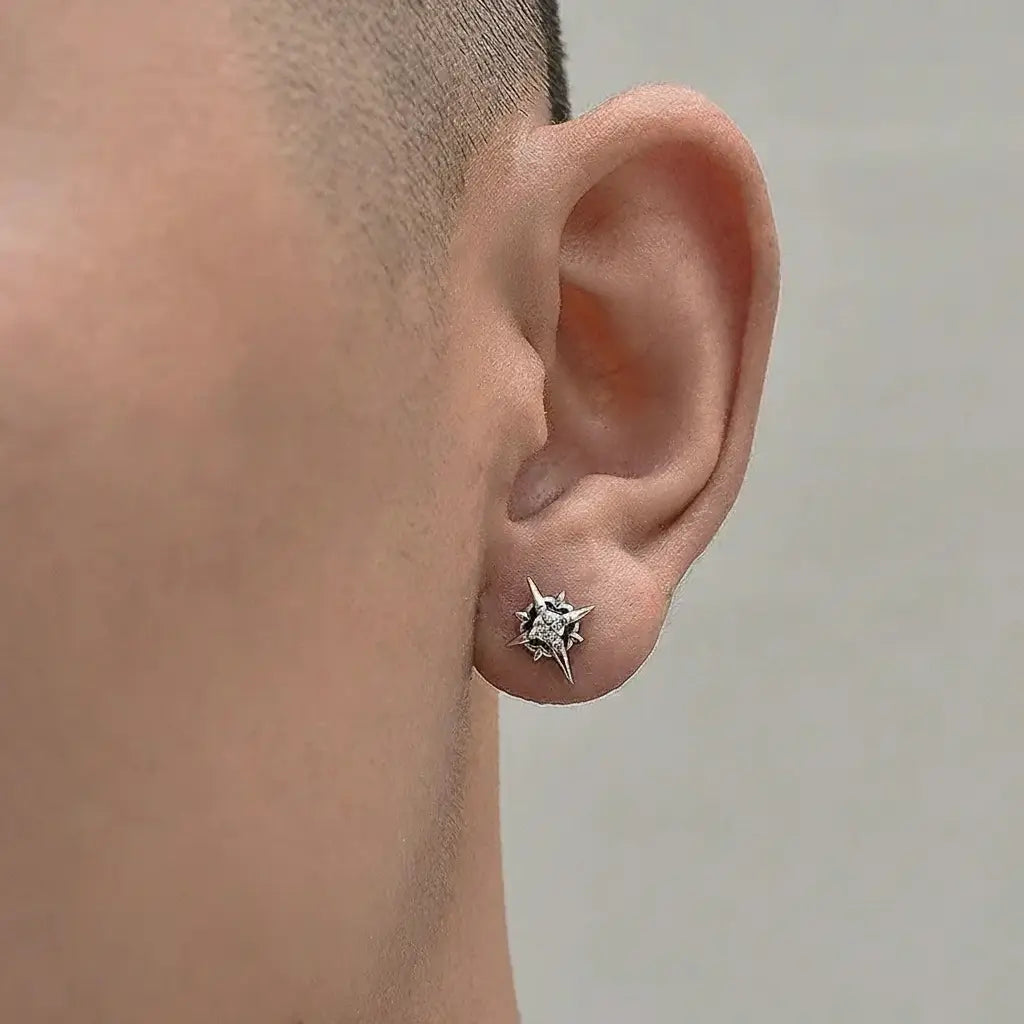 S925 Sterling Silver Eight-Pointed Star Stud Earrings - Unisex Hip-Hop Style
