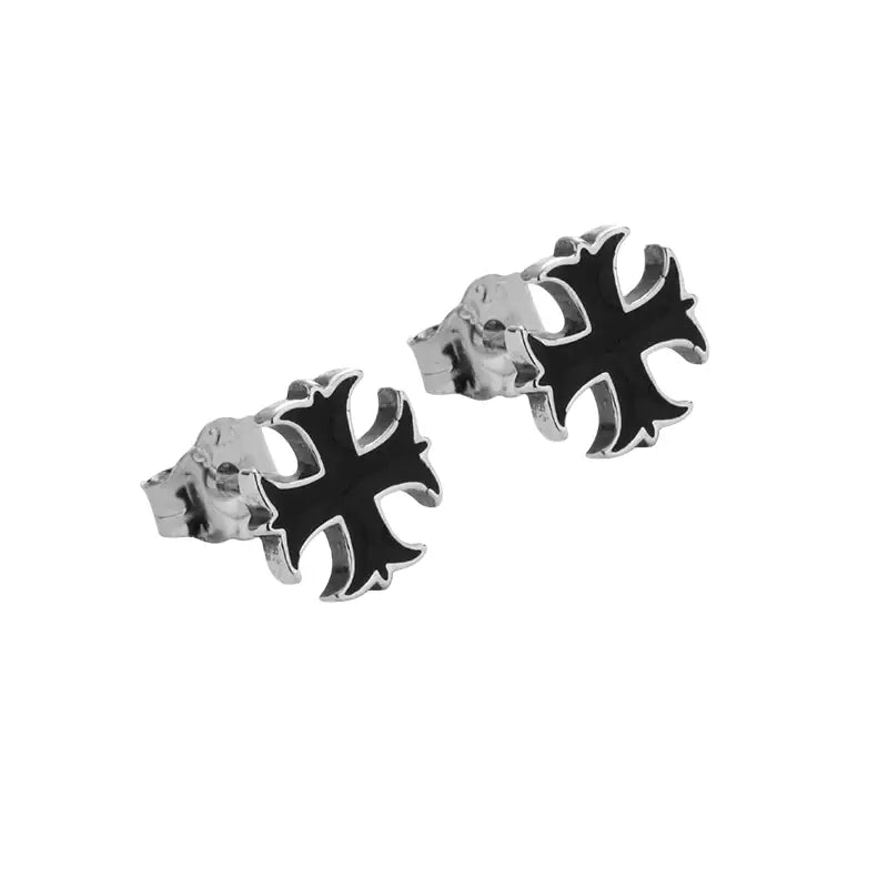Black cross stud earrings with silver accents