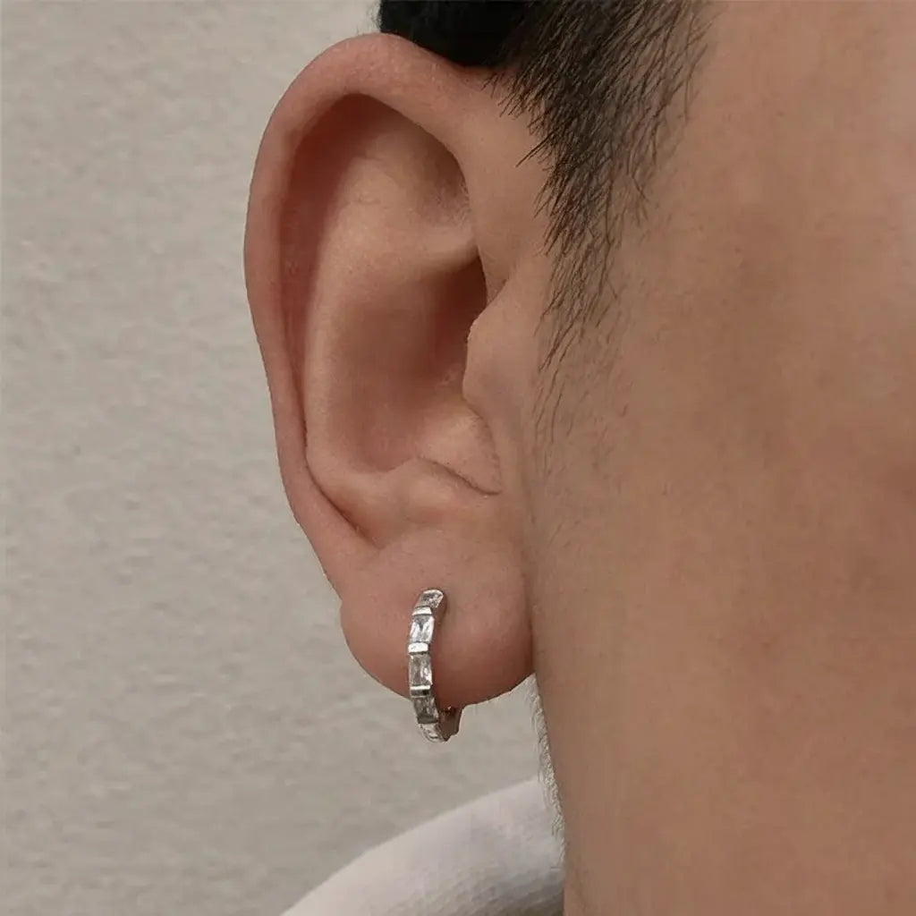 Zirconium, earrings hip-hop style for men and women, silver 925 sample, diamond encrusted, European style