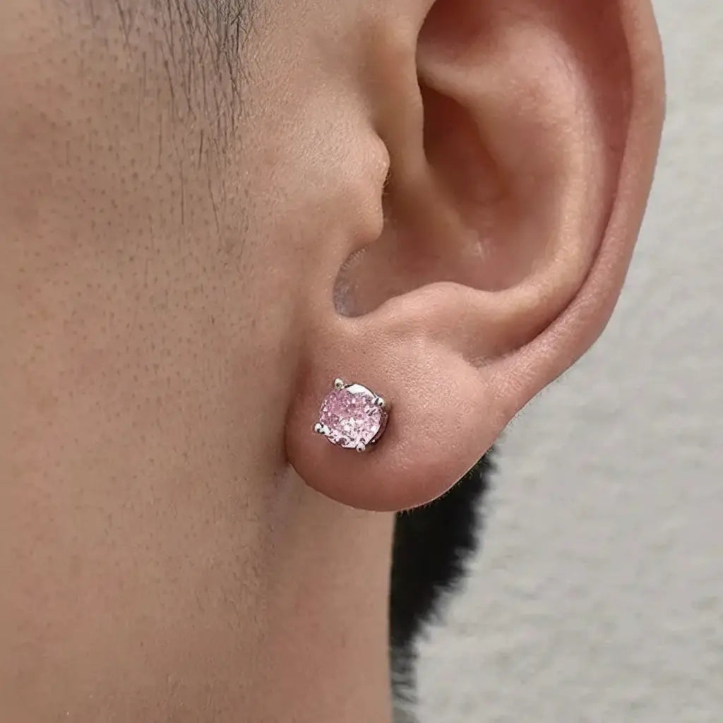 Fuchsia zirconium, universal trend earrings for men and women, silver 925 sample