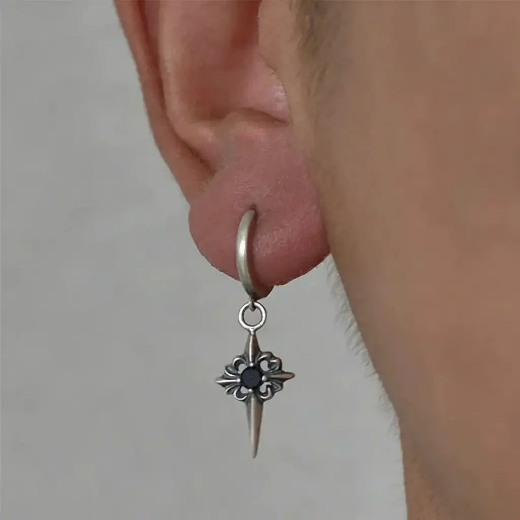 TWO LEAVES S925 sterling silver retro old Polaris earrings street gothic black diamond men's and women's earrings