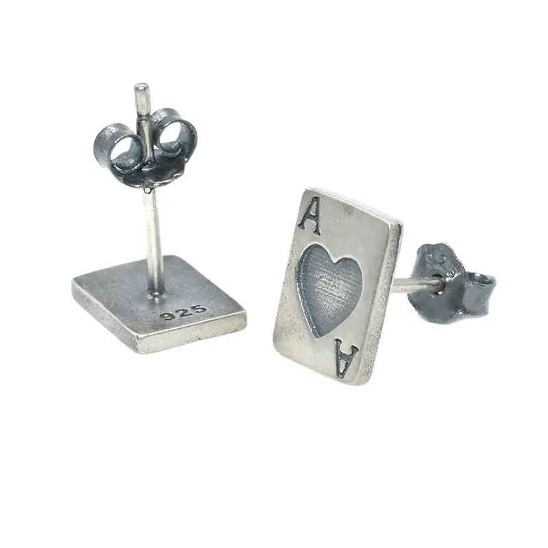 Two Leaves S925 Pure silver red heart A poker earrings are old personality hip -hop men's and women's tide street versatile