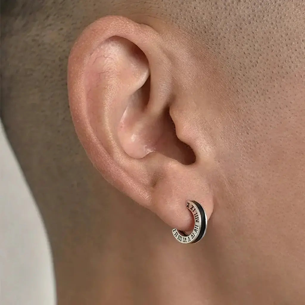 Bold S925 Sterling Silver Vintage Roman Numeral C-Hoop Ear Studs Unisex