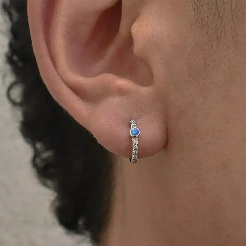 TWO LEAVES S925 Sterling Silver Blue Opal Diamond Hoop Earrings Unisex