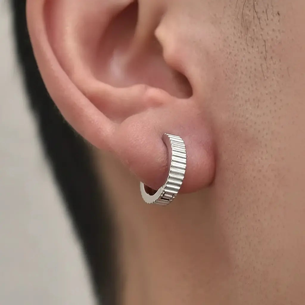 TWO LEAVES S925 Sterling Silver Minimalist Striped Hoop Earrings Unisex