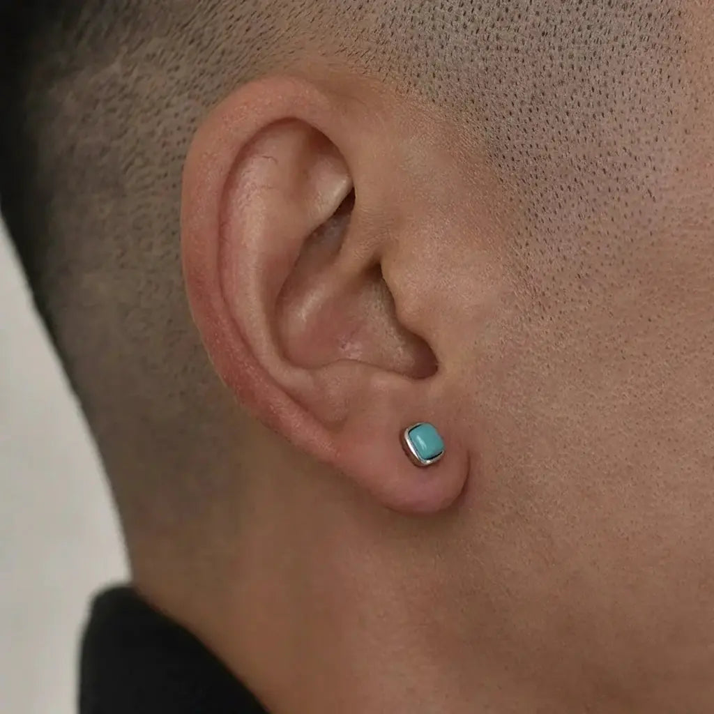 Bold Turquoise Square Stud Earrings, 925 Sterling Silver, Unisex Trendy Jewelry
