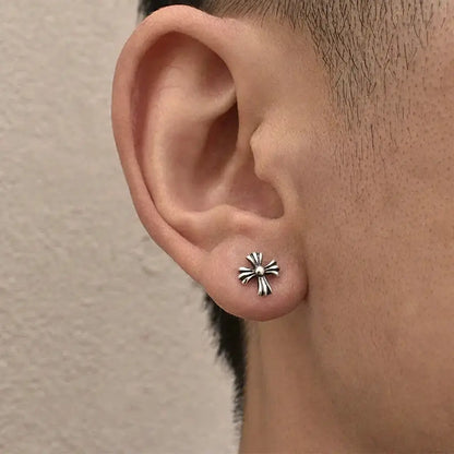 S925 Sterling Silver Distressed Cross Stud Earrings – Unisex Retro Street Style