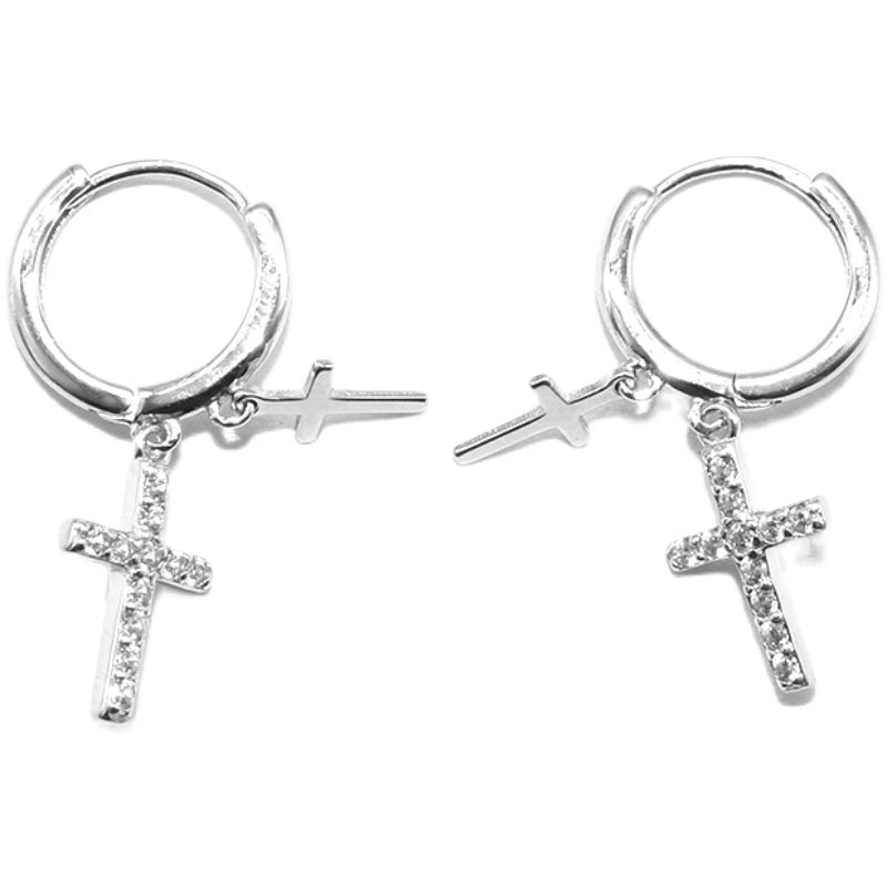 S925 Sterling Silver Double Cross Hip-Hop Hoop Earrings for Men Women