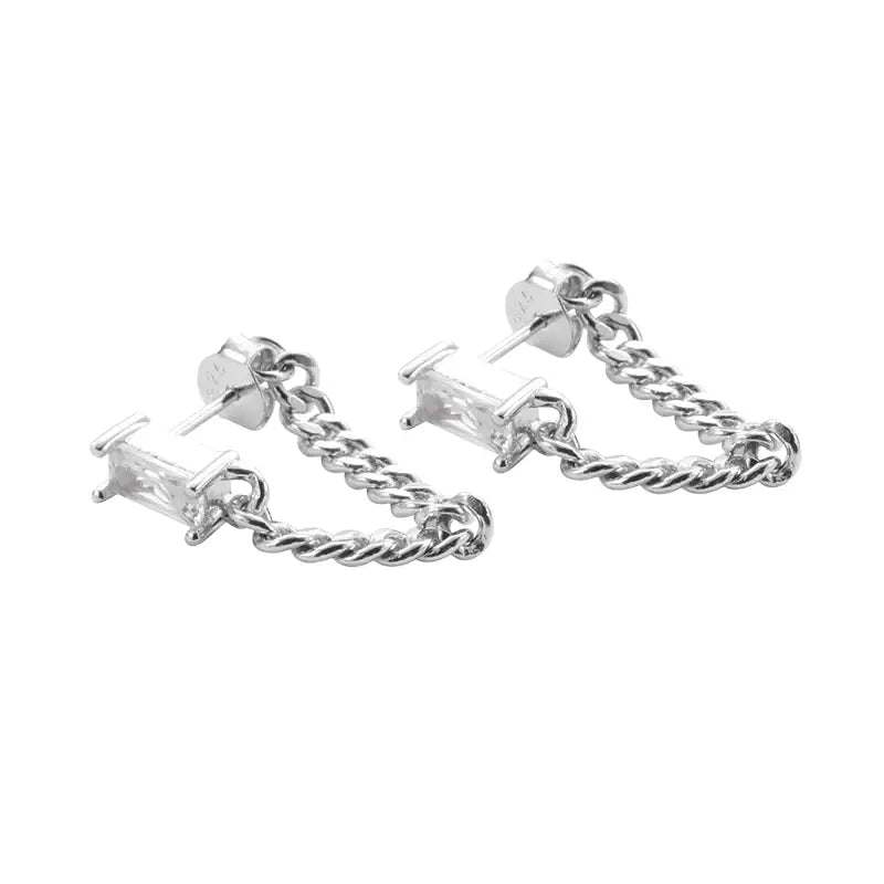 Rectangular zirconium, small design earrings for men and women with tassels, silver 925 sample